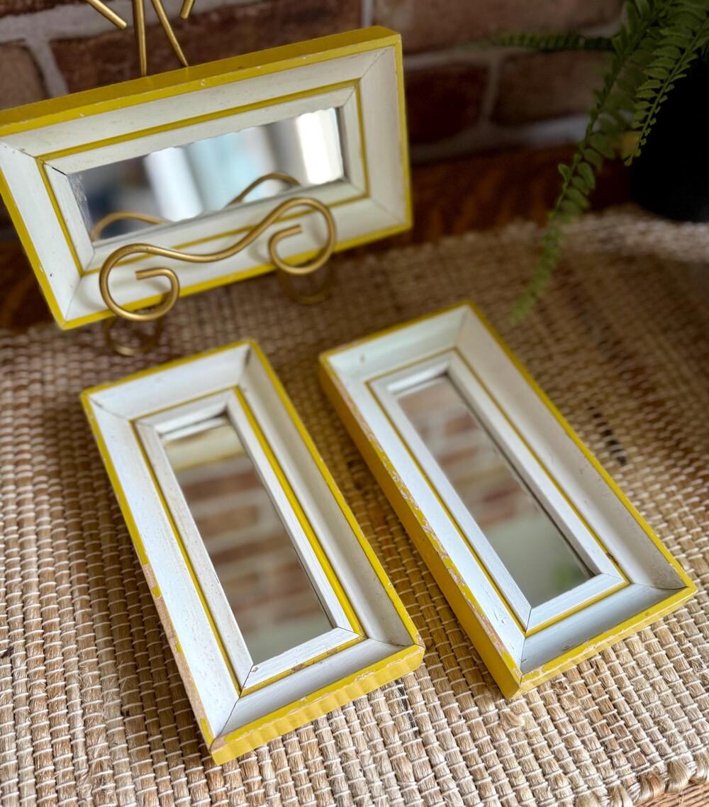 Yellow Wood Mirrors Set of 3 | 1970s Mustard Cream Geometric Wall Decor